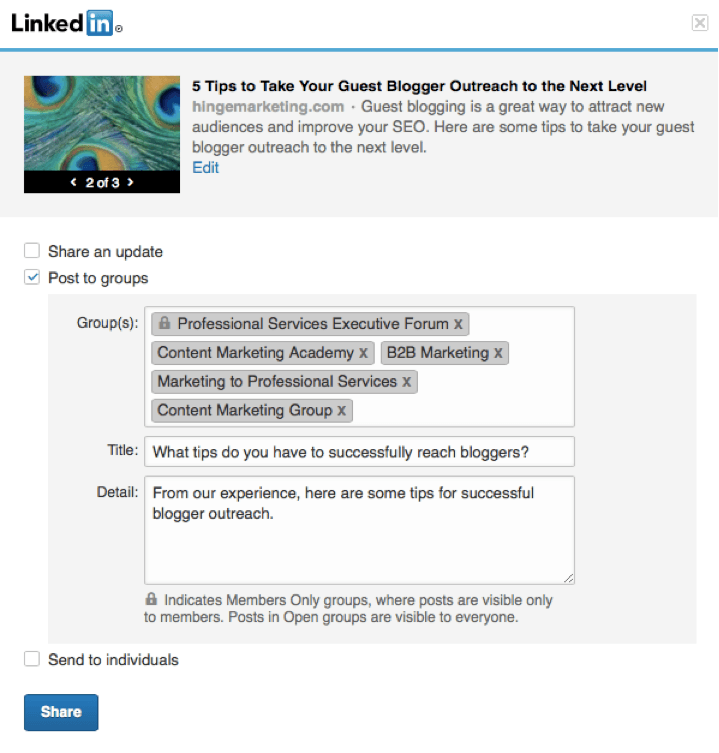 LinkedIn Sharing to Groups